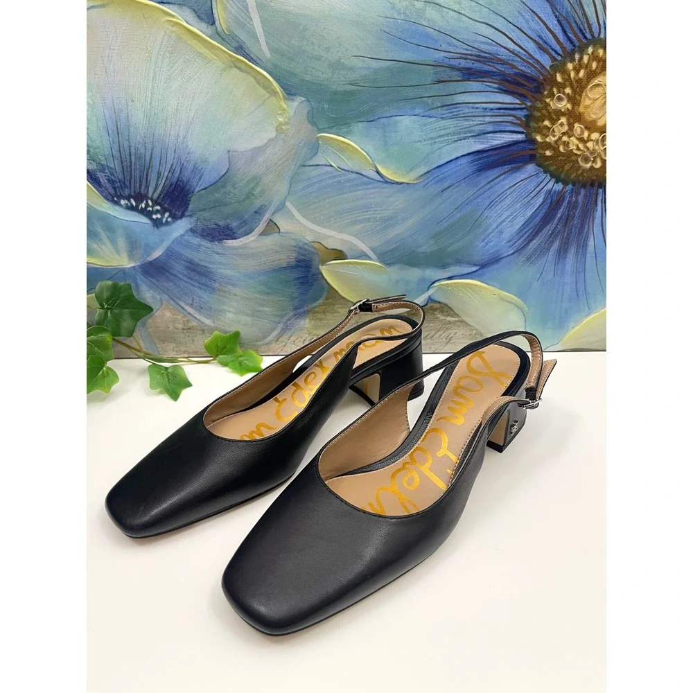 Sam Edelman Tarra Black Leather Square Toe Slingback Block Heel Pumps Womens 6.5 - Picture 5 of 12